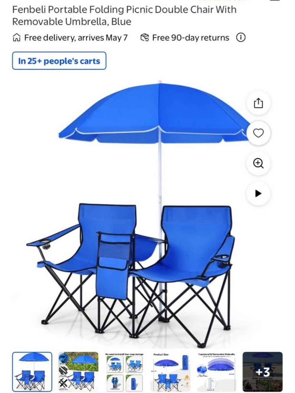 Fenbeli Blue Portable Folding Picnic Double Chair with Removable Umbrella
